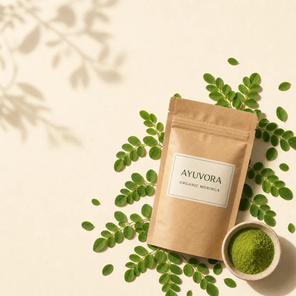 Ayuvora organic moringa powder with fresh leaves