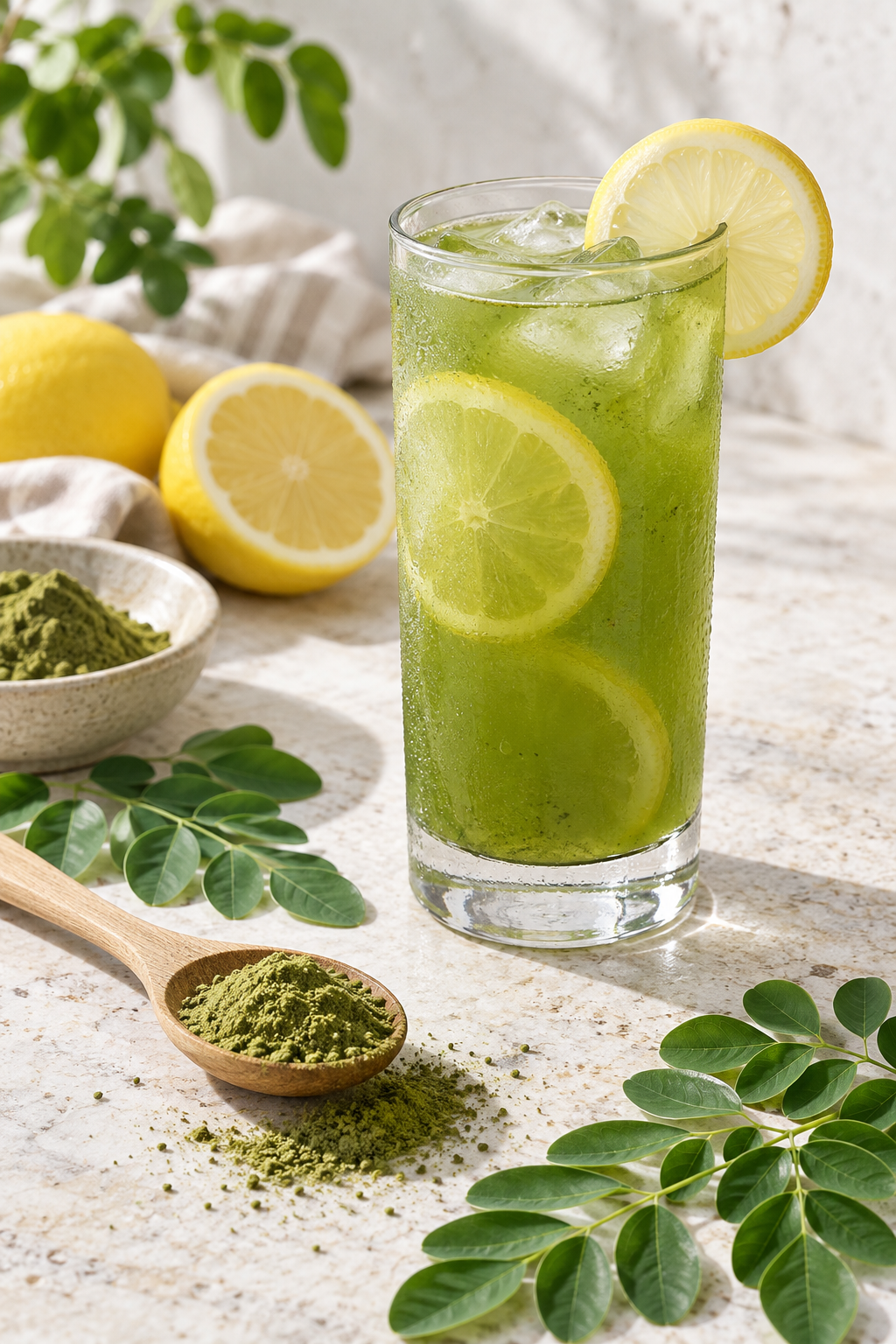 Fresh moringa lemon water with lemon slices