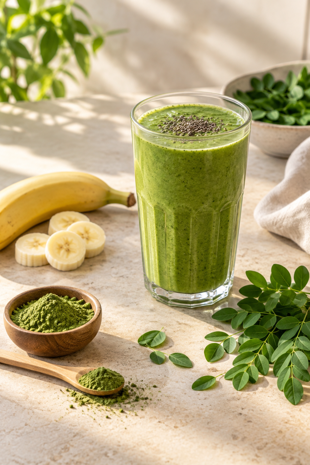 Banana moringa smoothie with fresh moringa leaves